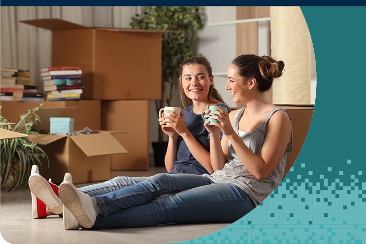 women sitting in house with boxed around decorative image